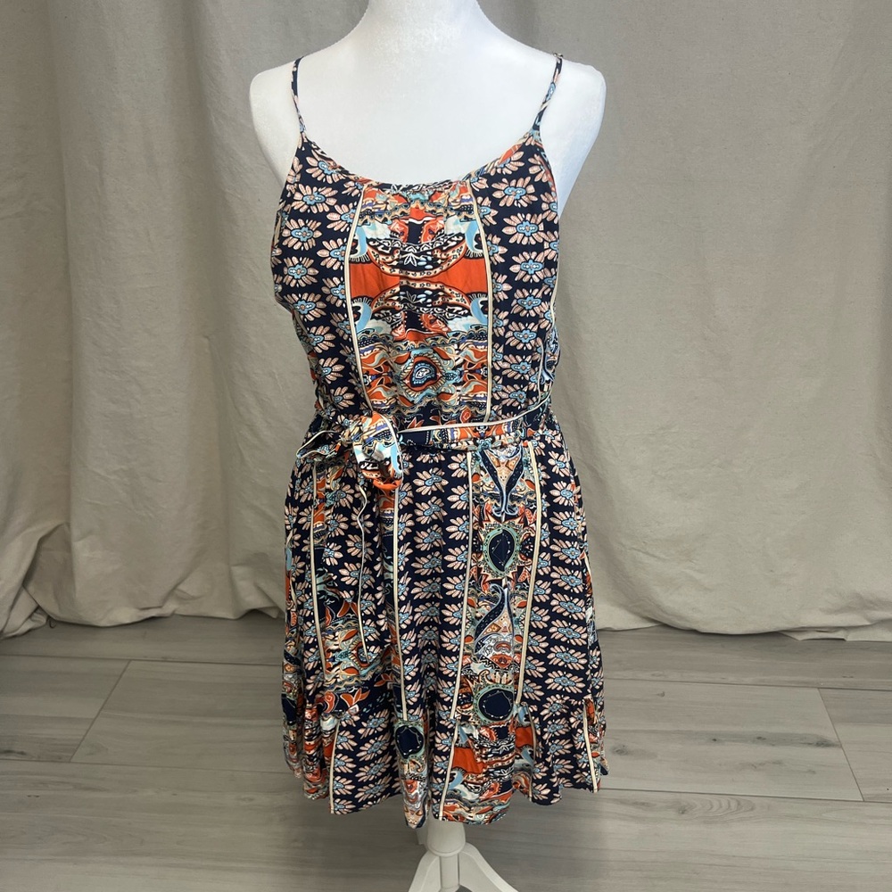 Pretty Garden Floral Mini Sundress Blue Orange Sz L Summer Boho Western Cowgirl